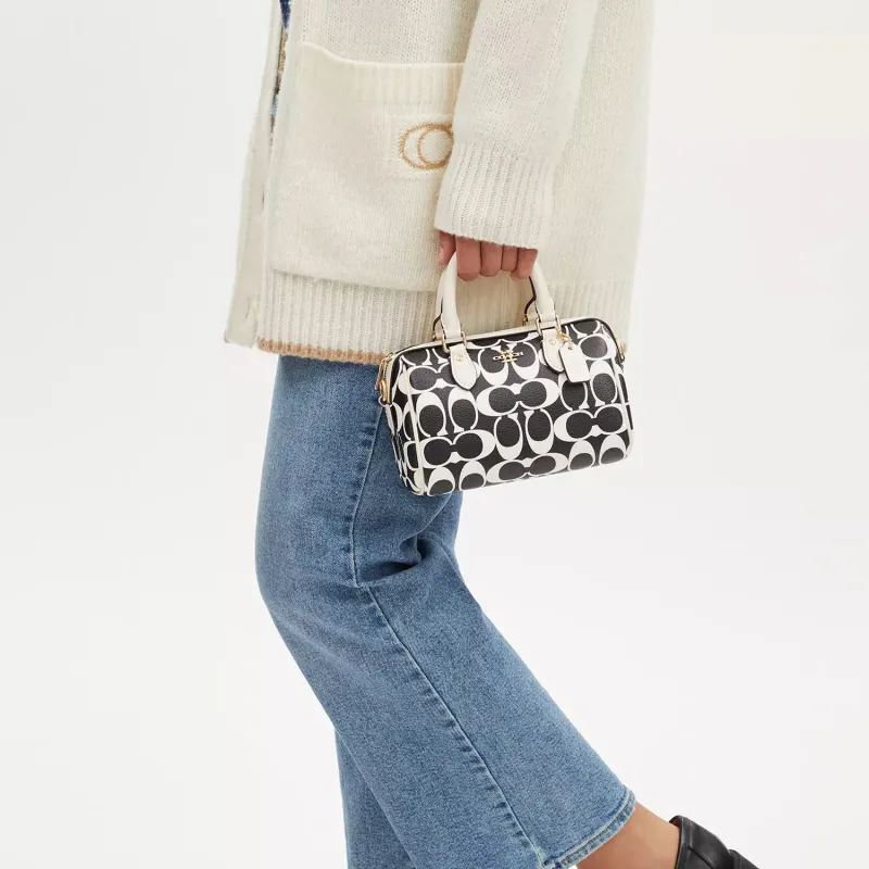 COACH Rowan Canvas With Leather Handbag Shoulder Bag Crossbody Bag Mini Women's Gold & Black Multicolor-4