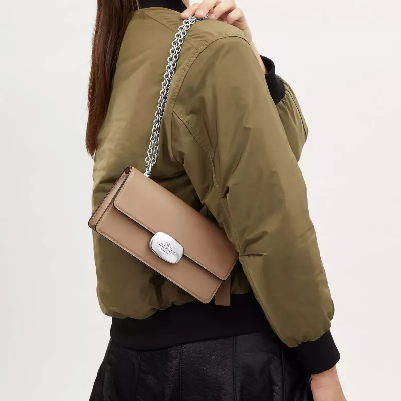 COACH Eliza Calfskin Shoulder Bag Crossbody Bag Medium Size Women's Silver & Taupe-5