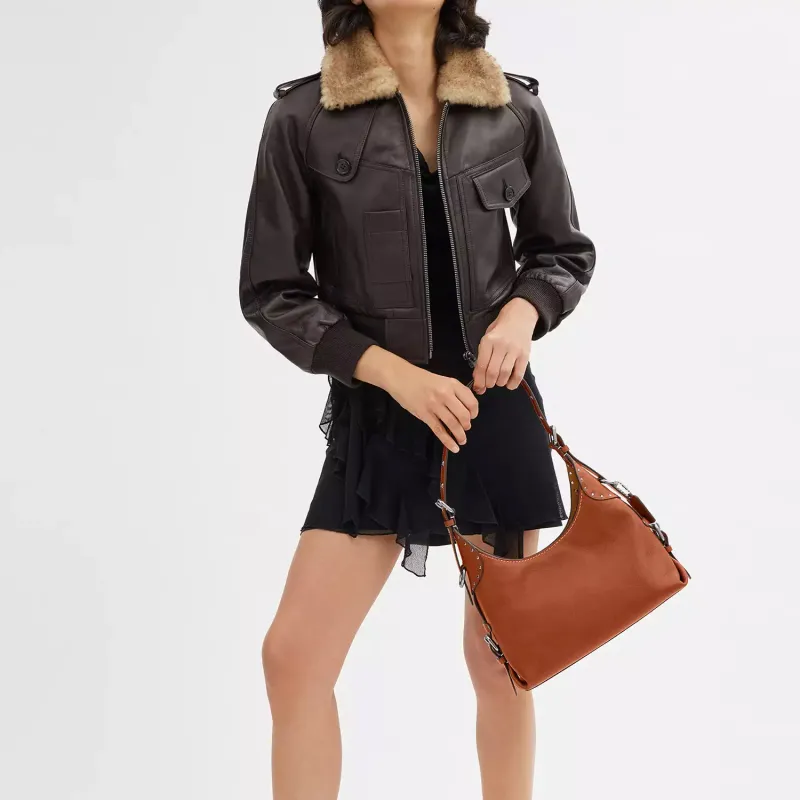 COACH Cargo Grain Leather Handbag, Shoulder Bag Large Size Women's Silver & Polished Amber-5