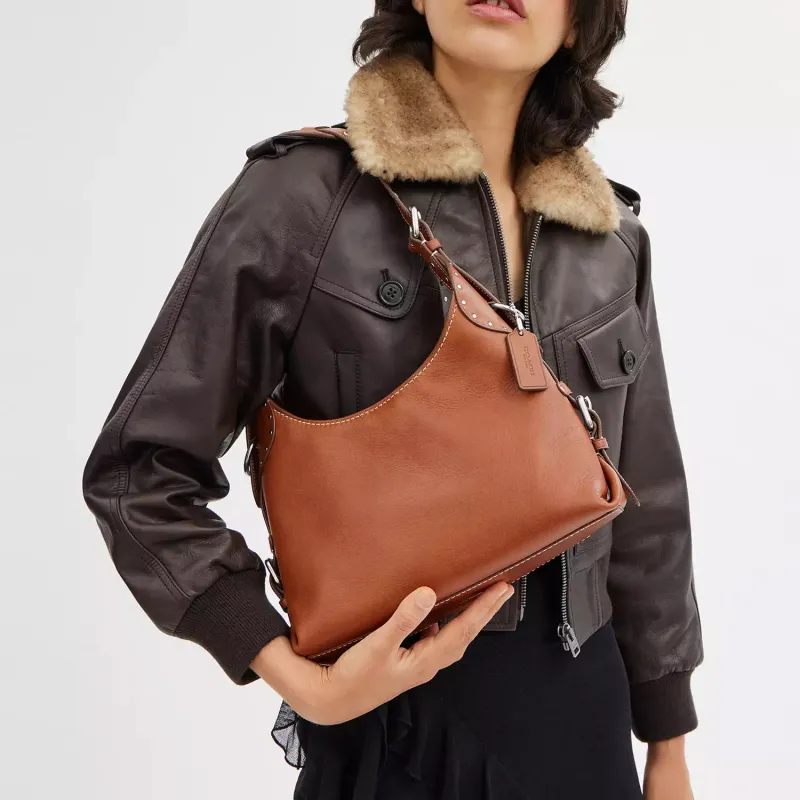 COACH Cargo Grain Leather Handbag, Shoulder Bag Large Size Women's Silver & Polished Amber-4