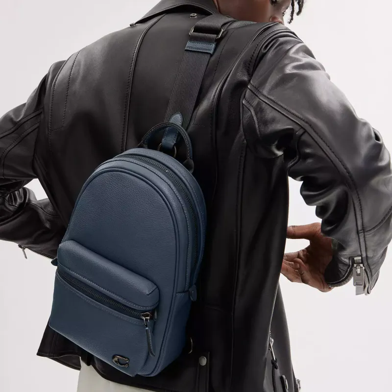 COACH Charter Soft Polished Pebbled Leather Crossbody Sling Bag Small Size Men's Dark Color Denim-4
