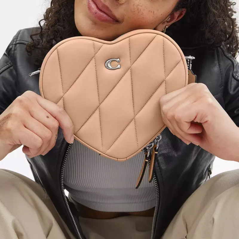 COACH Heart Nappa Leather Heart Shaped Bag Shoulder Bag Crossbody Bag Small Size Women's Beige Yellow-6