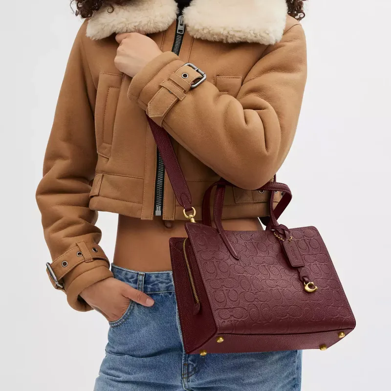 COACH Carter Grain Leather One Shoulder Handbag Large Size Women's Burgundy-3