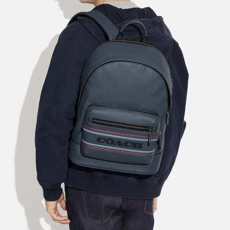 COACH Cow Leather With Fabric Backpack Large Size Men's Dark Blue-4