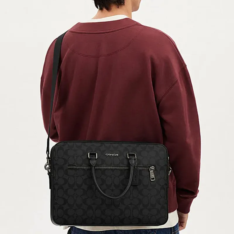 COACH ETHAN Artificial Leather Portable One Shoulder Crossbody Briefcases Large Size Men's Black-4