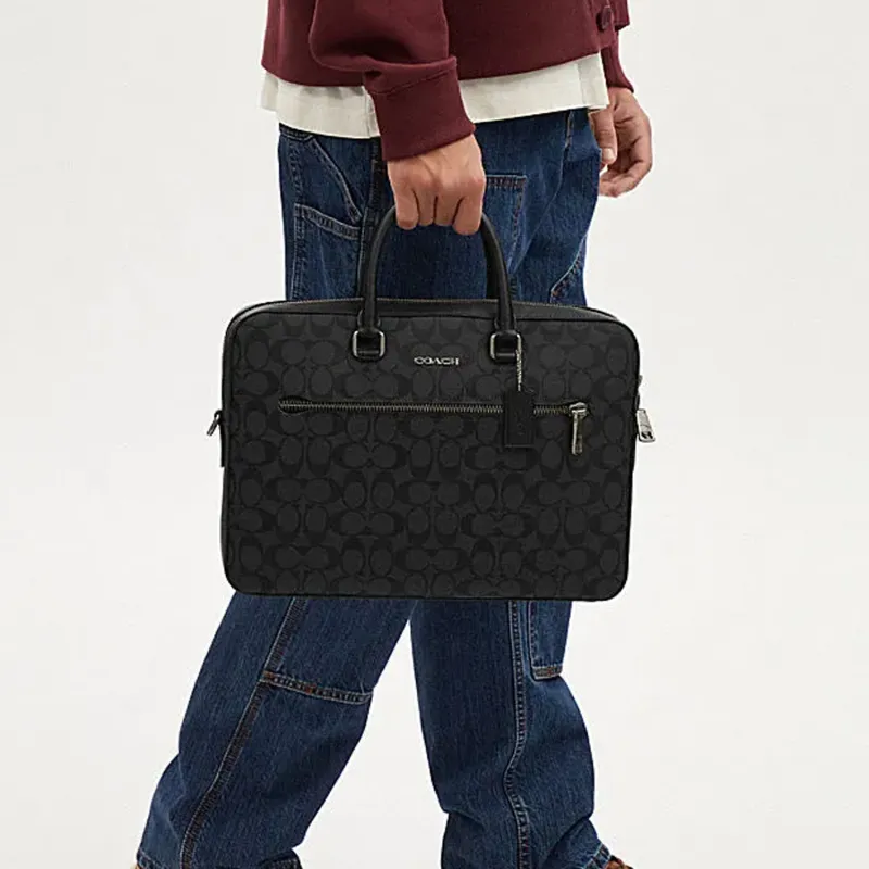 COACH ETHAN Artificial Leather Portable One Shoulder Crossbody Briefcases Large Size Men's Black-5
