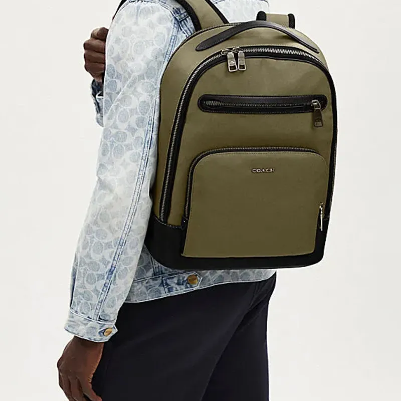 COACH Cow Leather Backpack Tubas Men's Olive Green & Earth Umber-3