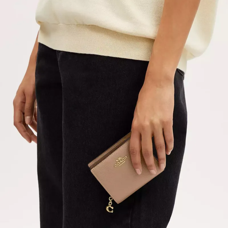 COACH Snap Wallet Refined Pebble Pattern Leather Coin Purse Wallet Mini Women's Gold & Taupe-2