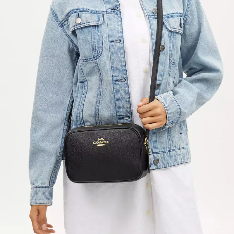 COACH Jamie Refined Pebble Pattern Leather Camera Bag, Shoulder Bag, Crossbody Bag Trumpets Women's Gold & Black-3
