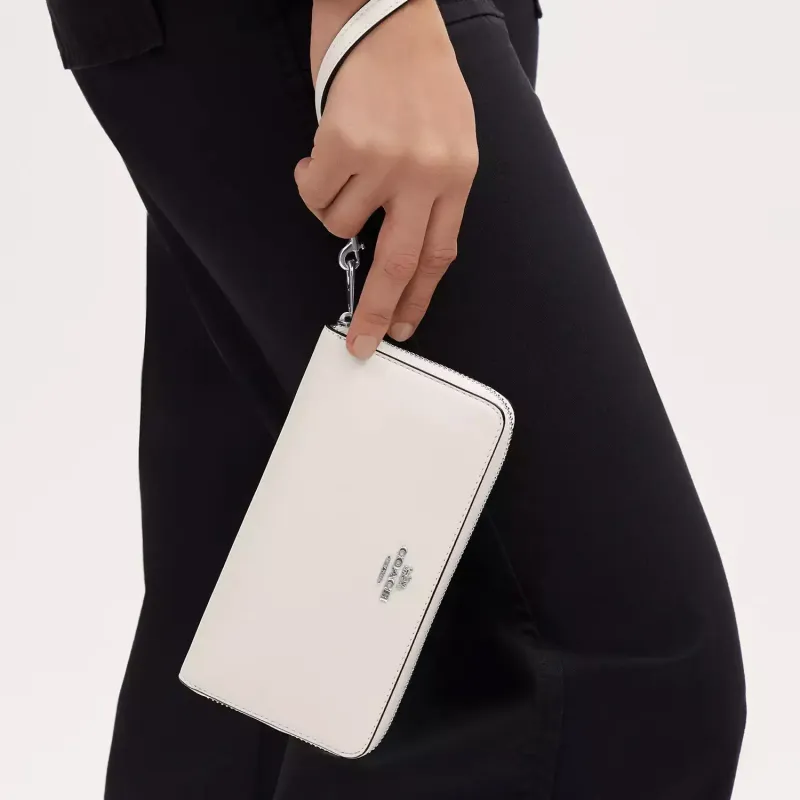COACH Zip Around Refined Calfskin Wallet Trumpets Women's Silver & Chalk White-4