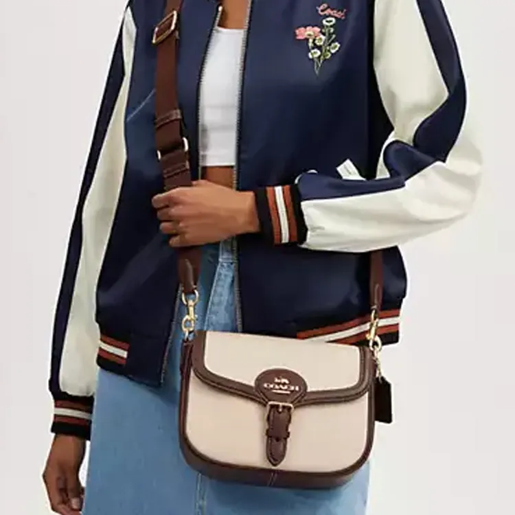 COACH Amelia Canvas Saddle Bag Shoulder Bag Crossbody Bag Medium Size Women's Gold & Natural Multicolor-4