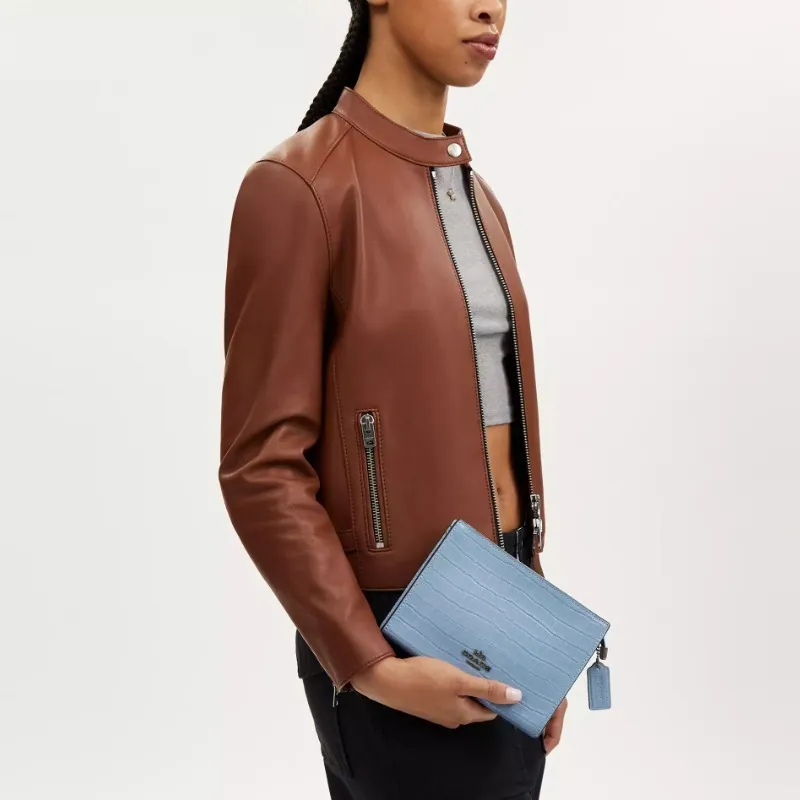 COACH Crocodile Embossed Leather Shoulder Bag Crossbody Bag Small Size Women's Blue-4