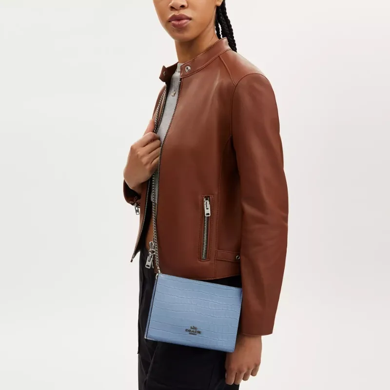 COACH Crocodile Embossed Leather Shoulder Bag Crossbody Bag Small Size Women's Blue-3