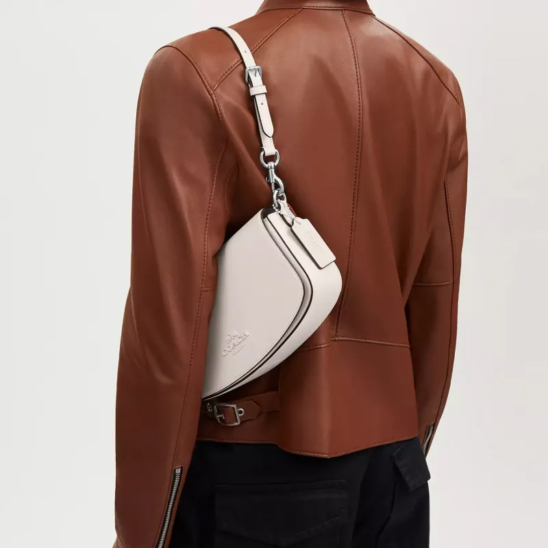 COACH Refined Calfskin Handbag, Shoulder Bag Medium Size Women's Silver & Chalk White-4