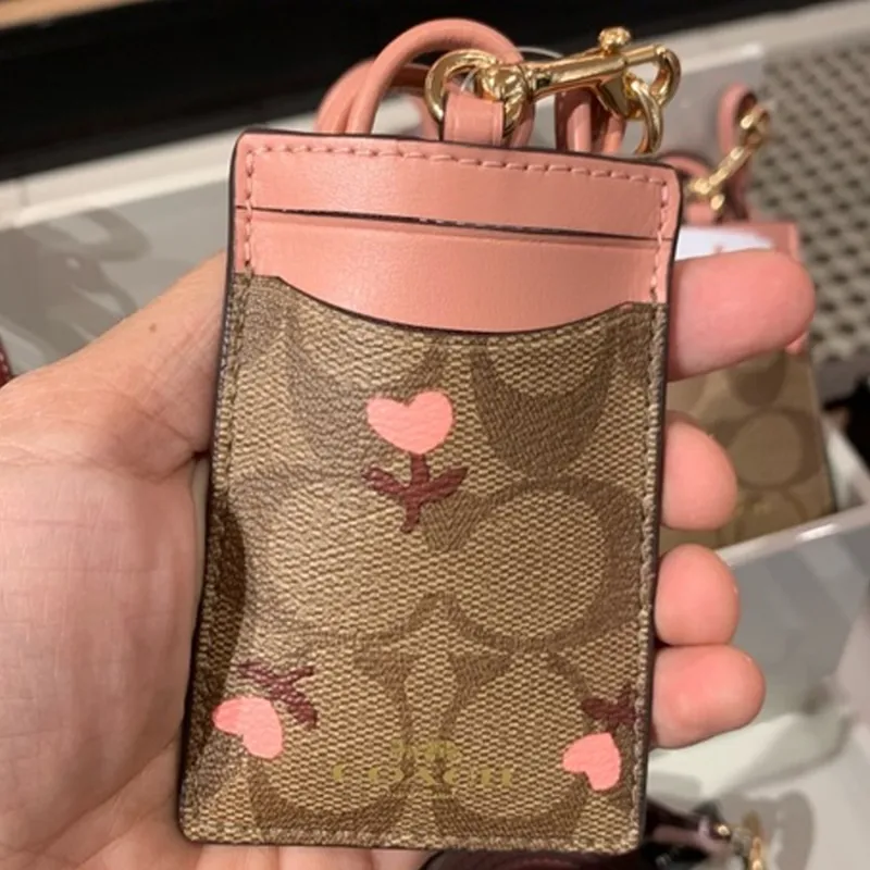 COACH Lanyard Canvas Card Holder Regular Women's Brown Pink-4