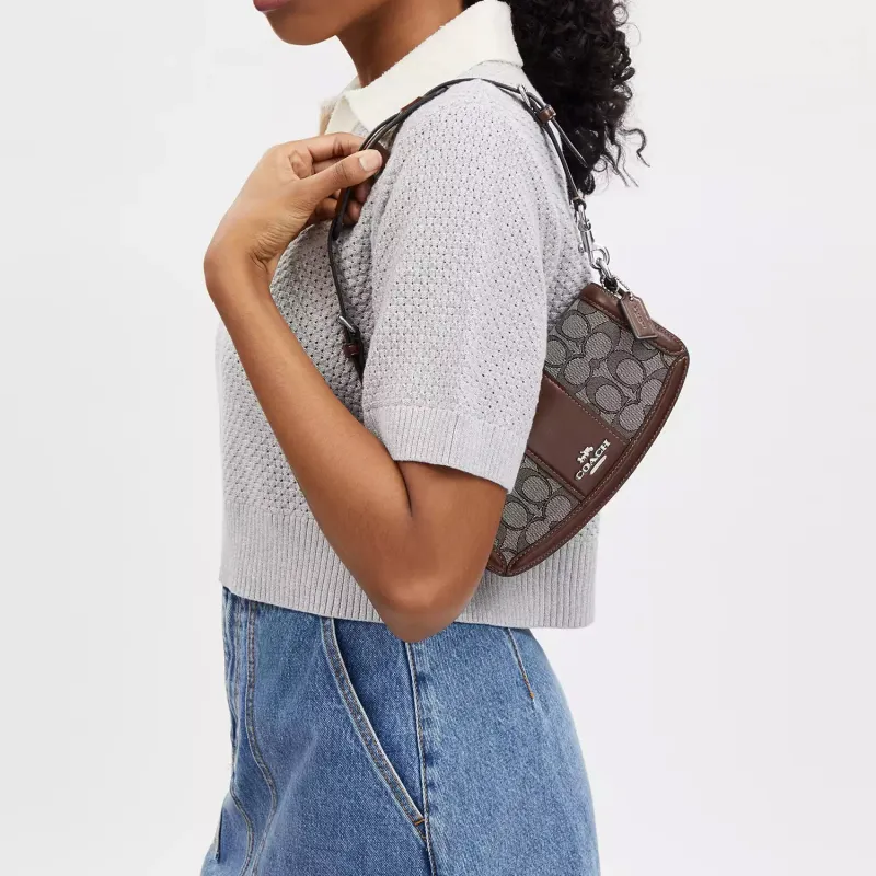 COACH Iconic Jacquard With Exquisite Calfskin Portable Crossbody Bag Shoulder Bag Small Size Women's Brown-4