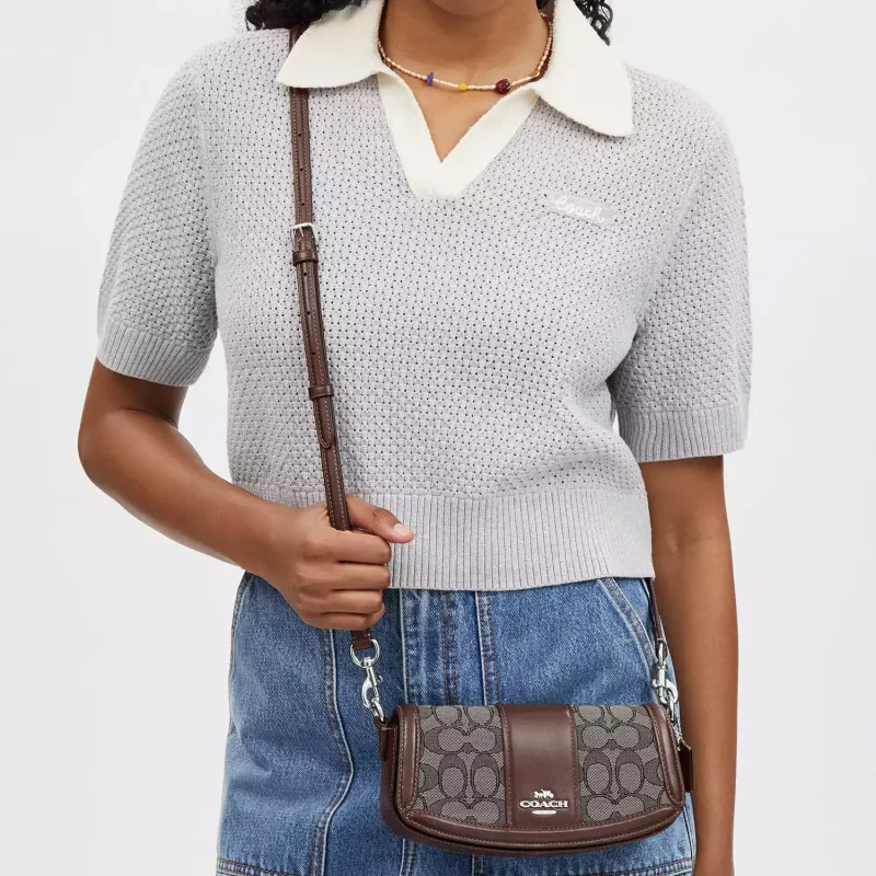 COACH Iconic Jacquard With Exquisite Calfskin Portable Crossbody Bag Shoulder Bag Small Size Women's Brown-3
