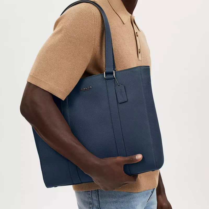 COACH Hudson Refined Pebble Pattern Leather Tote Bag, Shopping Bag, Handbag Large Size Men's Denim Color-4