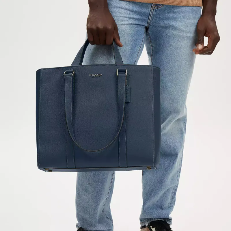 COACH Hudson Refined Pebble Pattern Leather Tote Bag, Shopping Bag, Handbag Large Size Men's Denim Color-3