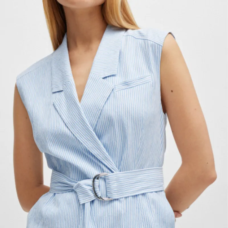 HUGO BOSS Wrap-Front Dress In Striped Stretch-Cotton Seersucker Sleeveless Dress Women's Blue-4