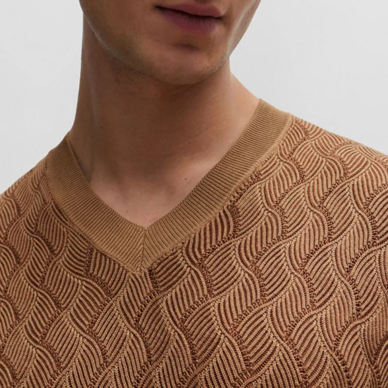 HUGO BOSS Aran-Knit Sweater In Two-Tone Silk Sweater Men's Brown-4