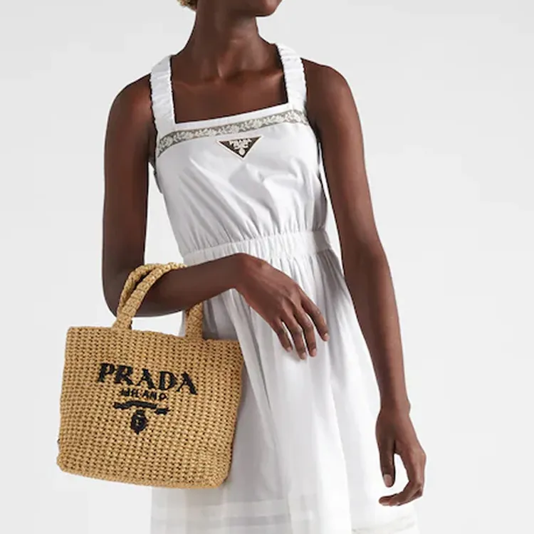 PRADA Raffia Tote Bag Small Tan-4