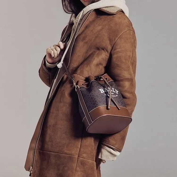 BALLY CLEOH Canvas Leather Bucket Bags Crossbody Bag, Shoulder Bag Women's Brown-5