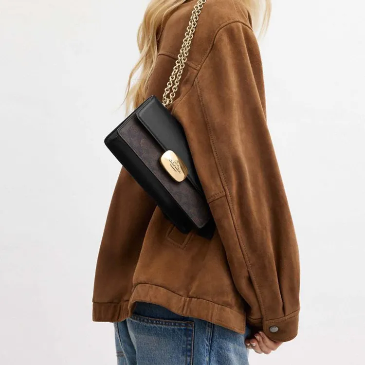 COACH Eliza Coated Canvas With Smooth Leather Shoulder Bag, Crossbody Bag Medium Size Women's Walnut Wood & Black-4