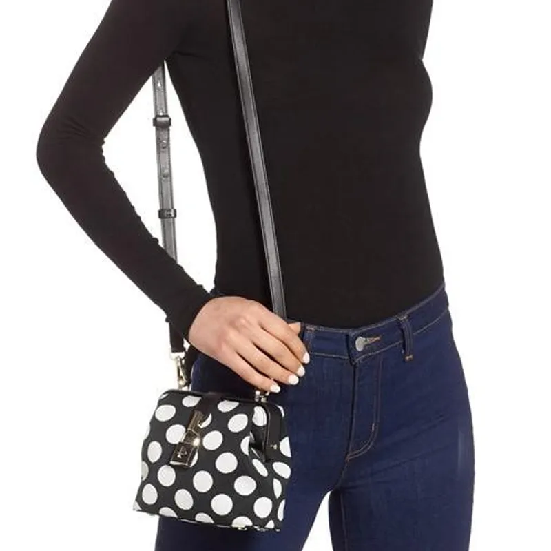 Kate Spade Remedy Fabric Doctor Bag Shoulder Bag Crossbody Bag Handbag Small Size Women's Black With White Polka Dots-4