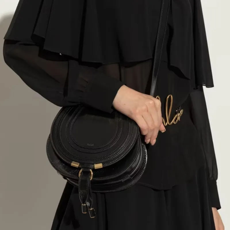 Chloe Marcie Leather Saddle Bag Crossbody Shoulder Bag Women's Black-4