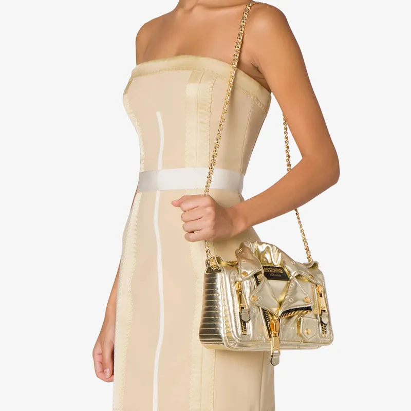 MOSCHINO Sheepskin Biker Handbag Shoulder Bag Crossbody Bag Women's Gold-3