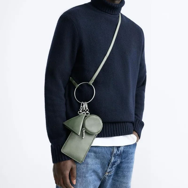 ZARA Polyurethane Triangle Bag Small Round Bag Crossbody Bag Shoulder Bag Bag Accessory Men's Green-4