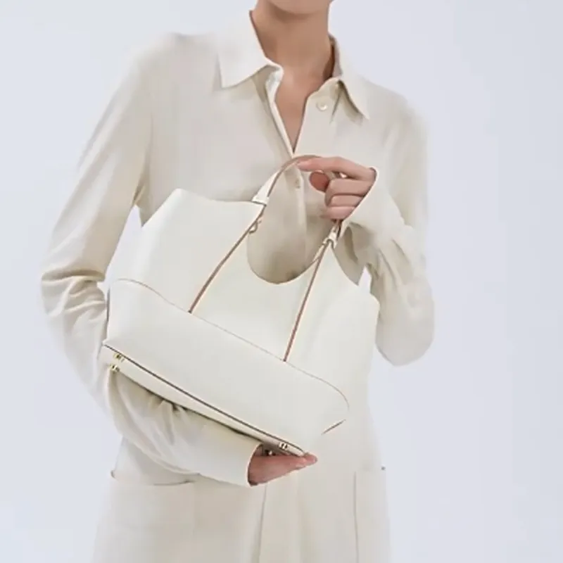 DISSONA Cow Leather Tote Bag, Shopping Bag, Shoulder Bag, Crossbody Bag, Handbag Small Size Women's White-4