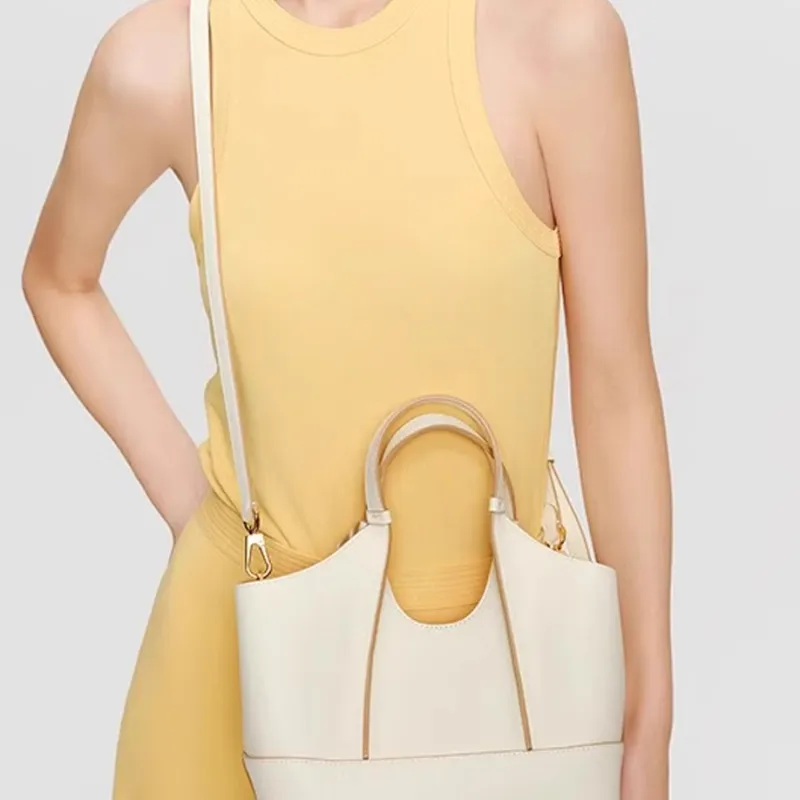 DISSONA Cow Leather Tote Bag, Shopping Bag, Shoulder Bag, Crossbody Bag, Handbag Small Size Women's White-3