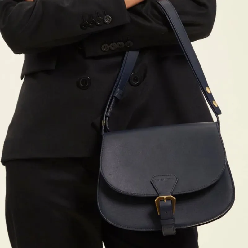 INES DE LA FRESSANGE Cow Leather Saddle Bag, Shoulder Bag Women's Blue-4