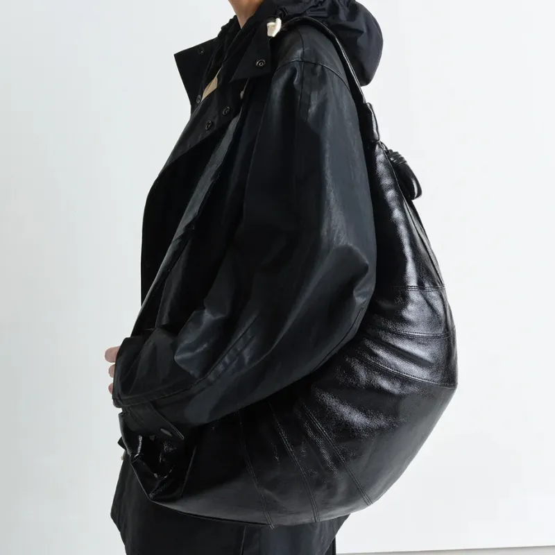 Lemaire Croissant Series Coated Cotton Croissant Bag Crossbody Bag Shoulder Bag Large Size Unisex Black-4