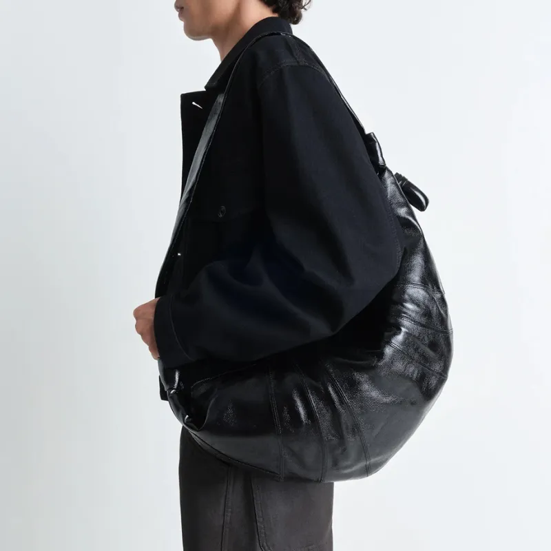 Lemaire Croissant Series Coated Cotton Croissant Bag Crossbody Bag Shoulder Bag Large Size Unisex Black-3
