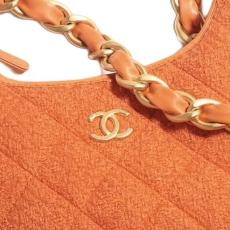 CHANEL Wool Twill Soft Woolen Tweed Hobo Bag, Shoulder Bag, Crossbody Bag Trumpets Women's Orange-4