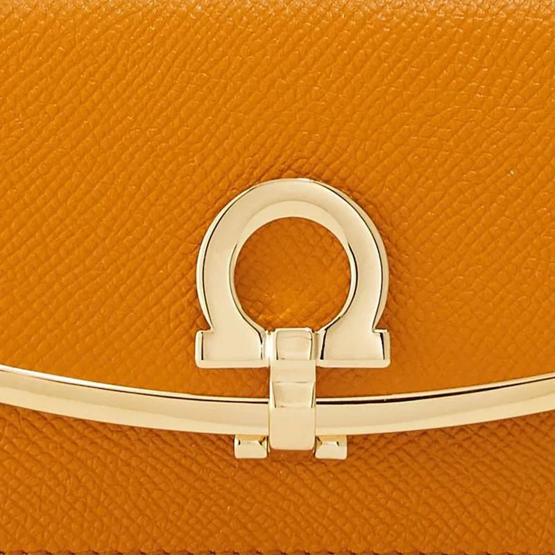 FERRAGAMO GANCINI Textured Cow Leather Business Card Holder Women's Orange-4