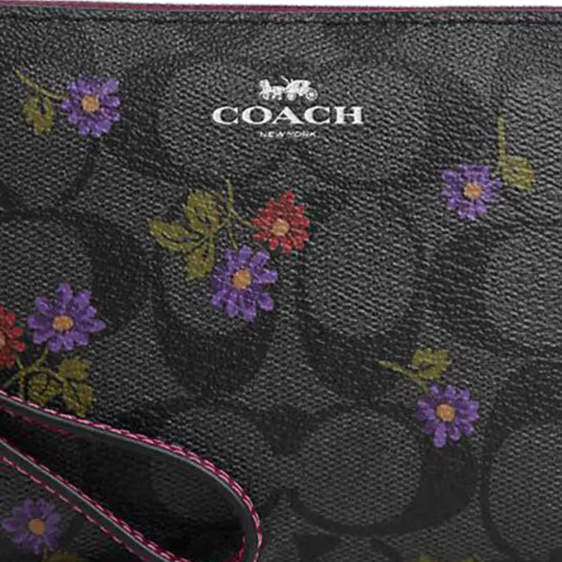 COACH Corner Zip Canvas With Leather Wallet Wrist Bag Clutch Small Size Women's Graphite/Dark Raspberry-2