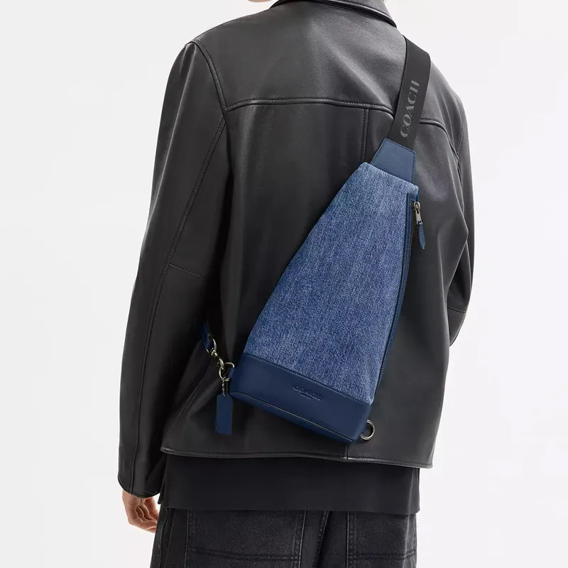 COACH Denim Sling Bag Medium Size Men's Denim Blue & Dark Blue-4