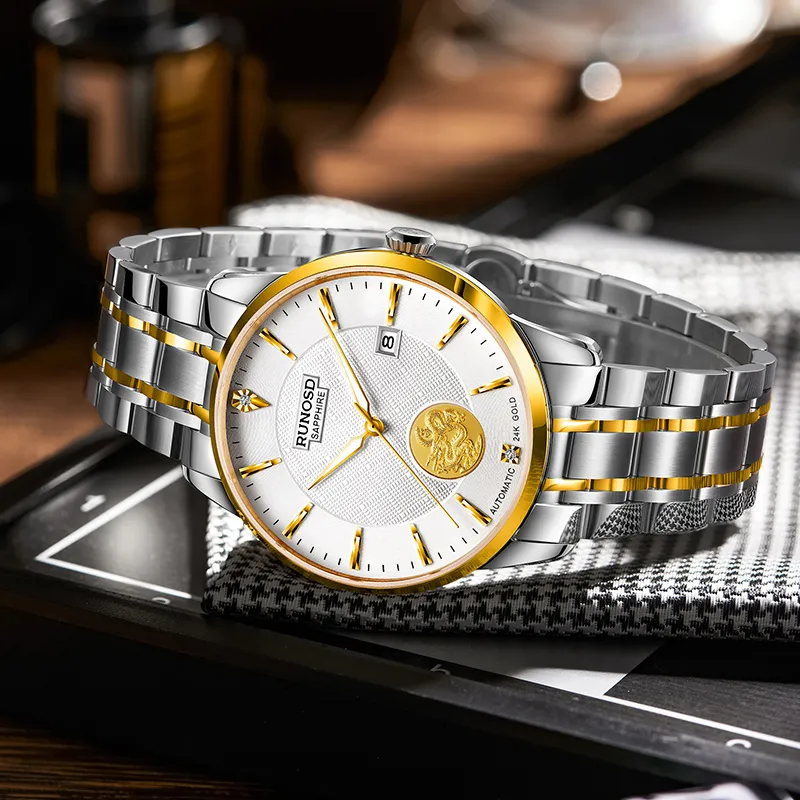 RUNOSD Mechanical Movement Stainless Steel Watchband Watch Men's Watches White Dial-2