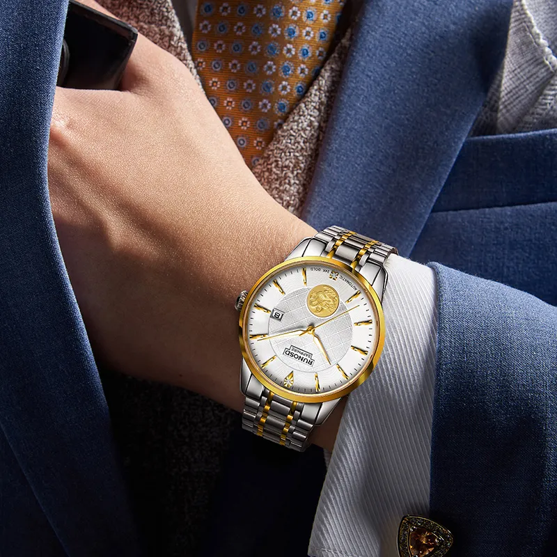 RUNOSD Mechanical Movement Stainless Steel Watchband Watch Men's Watches White Dial-5