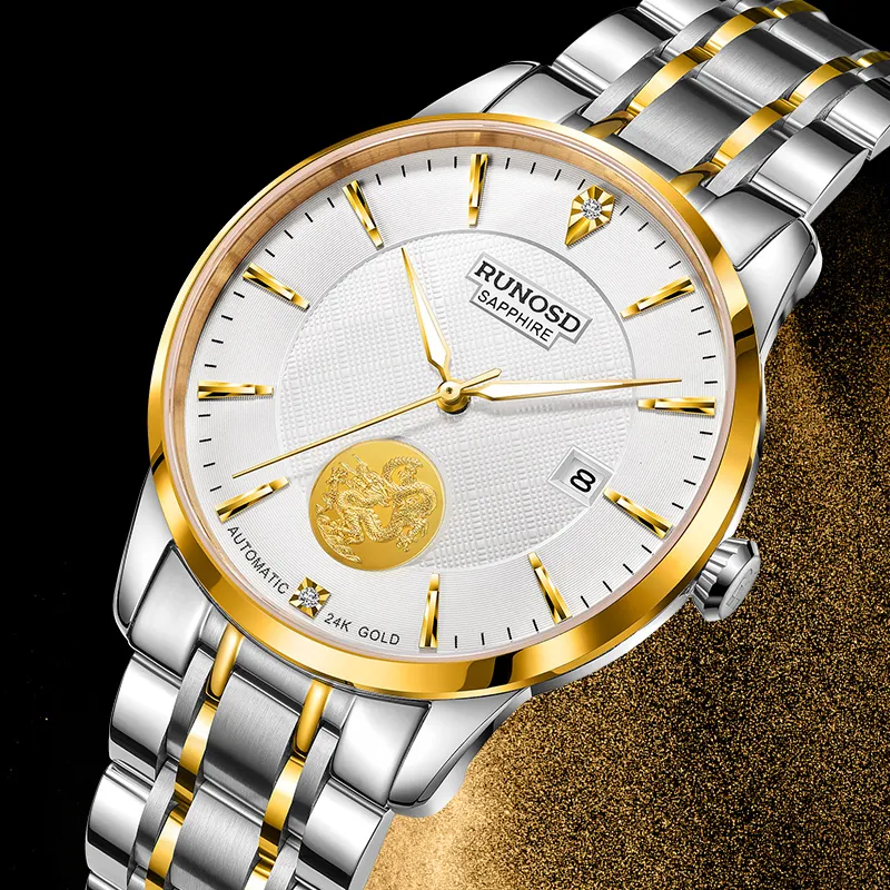 RUNOSD Mechanical Movement Stainless Steel Watchband Watch Men's Watches White Dial-3