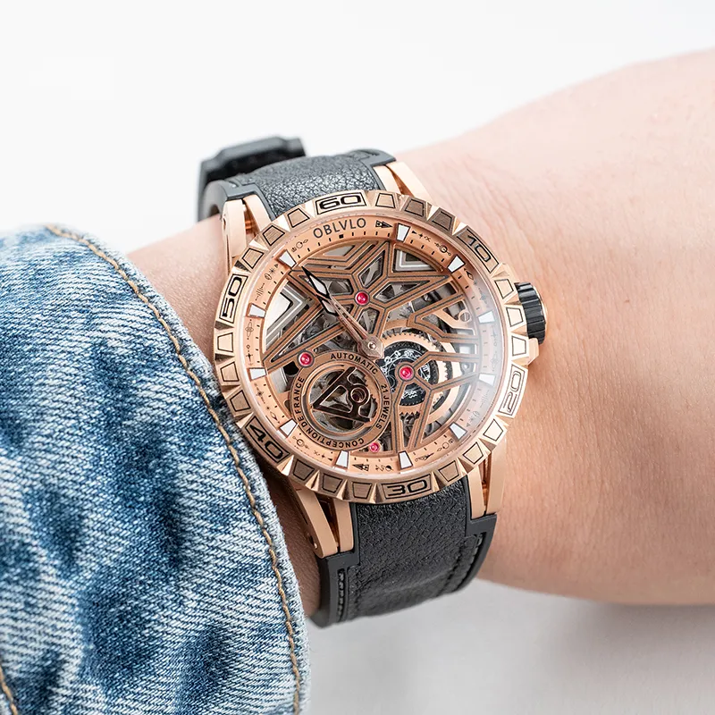 OBLVLO Automatic Mechanical Movement Watch Men's Watches Black Dial-2