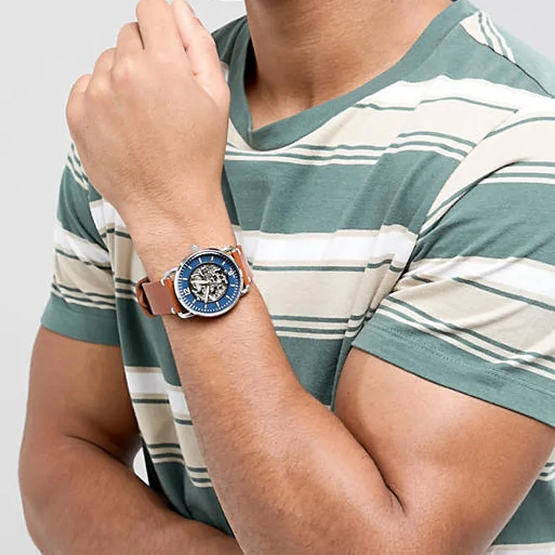 FOSSIL Wrist Watch Automatic Mechanical Movement Leather Watch Bands 42mm Blue Dial Men's Watches-4
