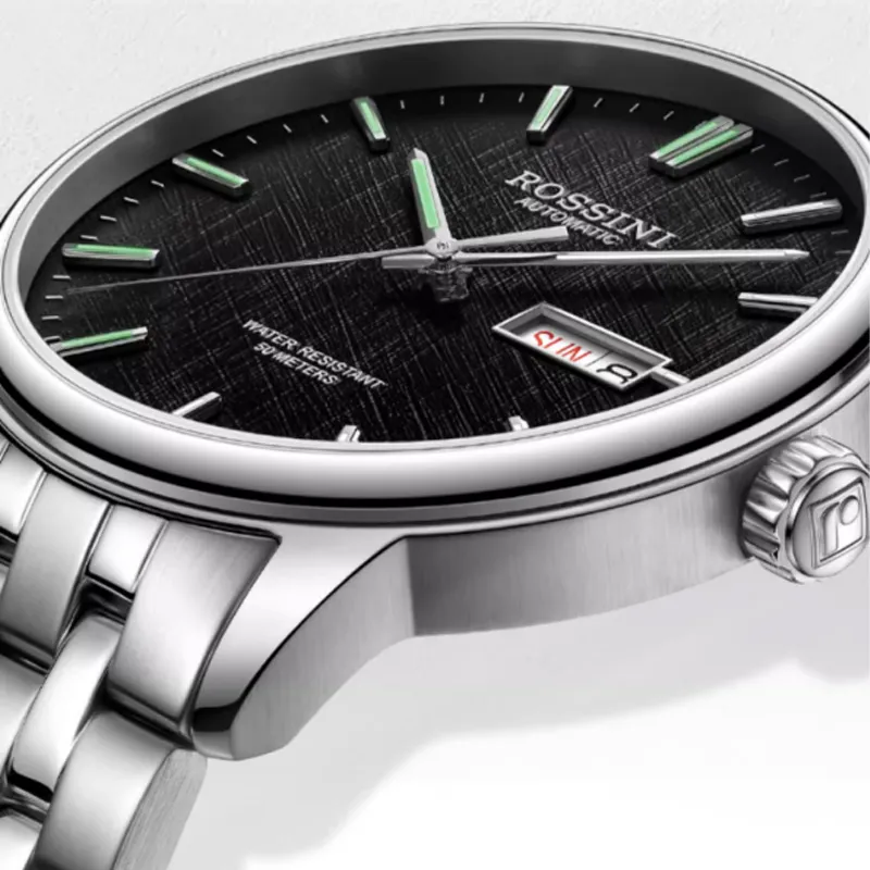 ROSSINI Enlightenment Collection Mechanical Movement Stainless Steel Strap Watch Men's Watches Black Dial-2