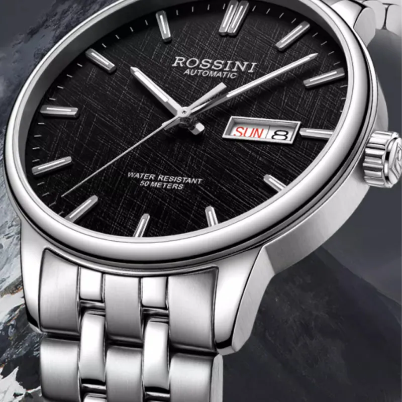 ROSSINI Enlightenment Collection Mechanical Movement Stainless Steel Strap Watch Men's Watches Black Dial-1