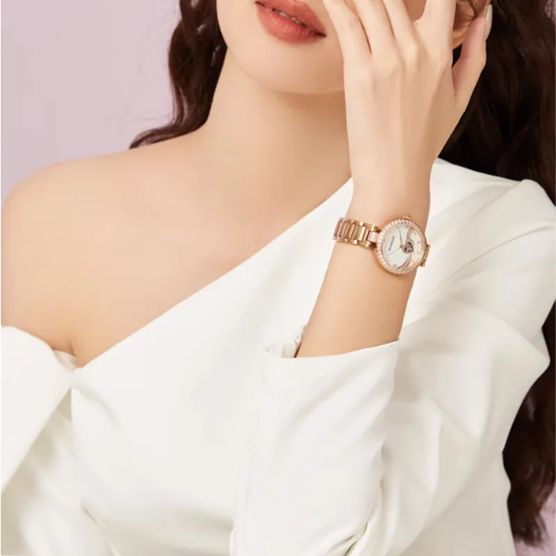 ROSSINI Mechanical Movement Ceramic Strap Watch Women's Watch Pink Watch Dial-2