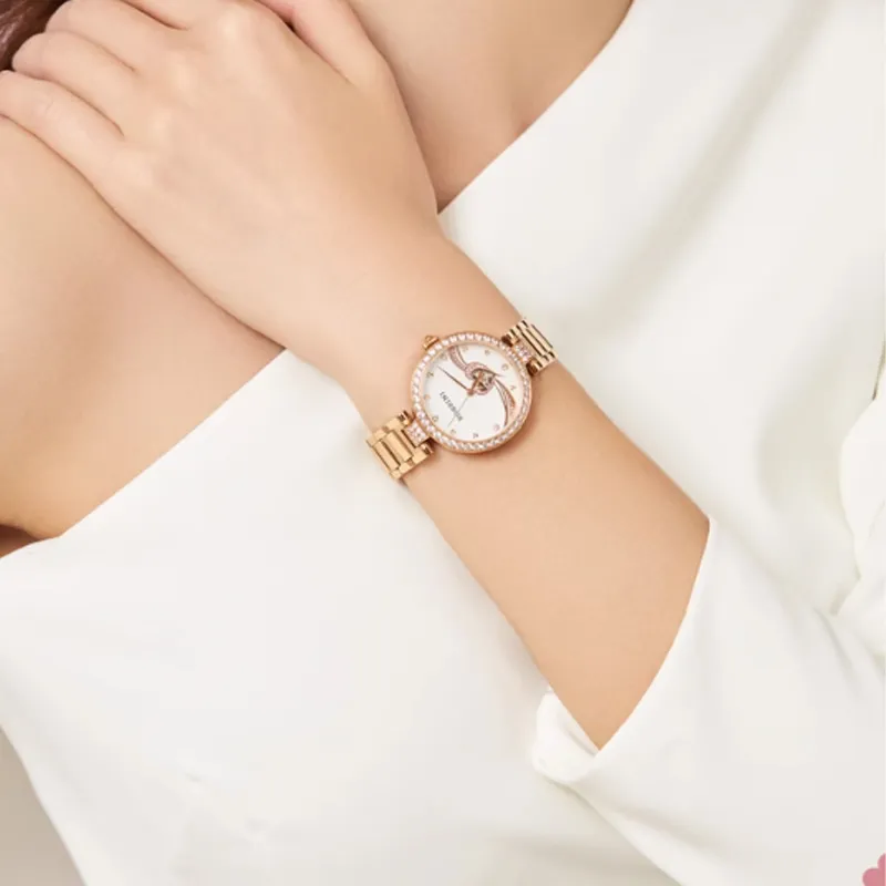 ROSSINI Mechanical Movement Ceramic Strap Watch Women's Watch Pink Watch Dial-3